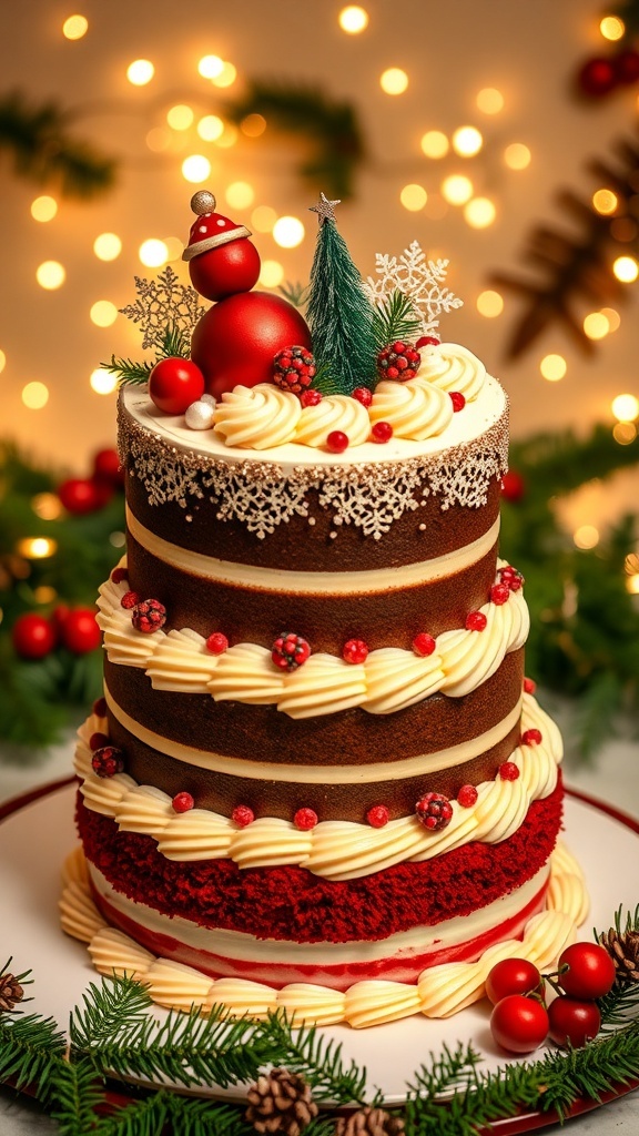 Elegant Three-Tier Christmas Cake Ideas A stunning three-tier Christmas cake decorated with festive elements, berries, and glitter.